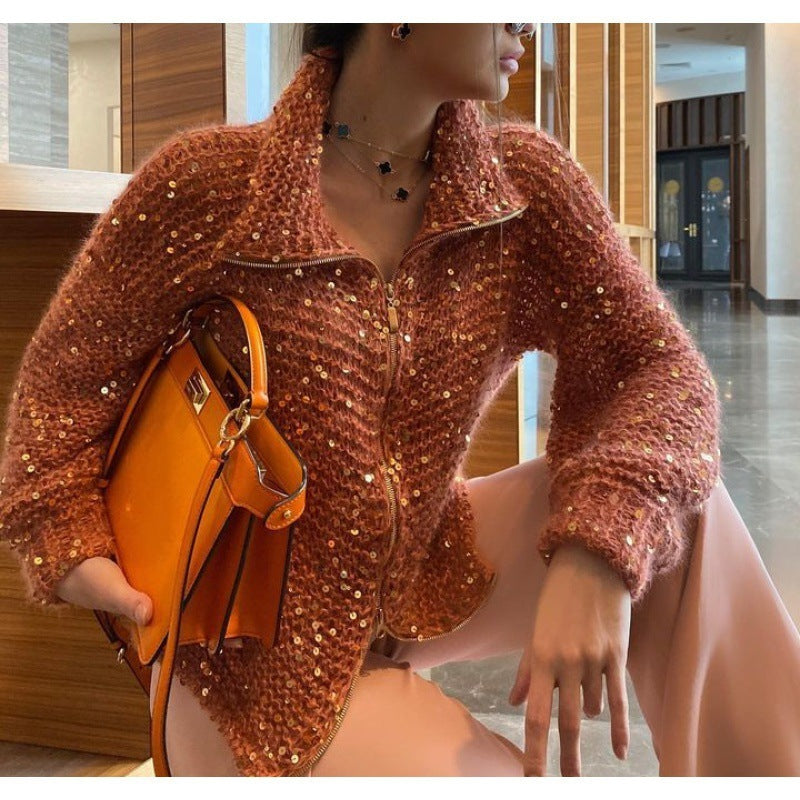 Brillez avec Élégance – Manteau en Maille à Sequins Style Western Classy